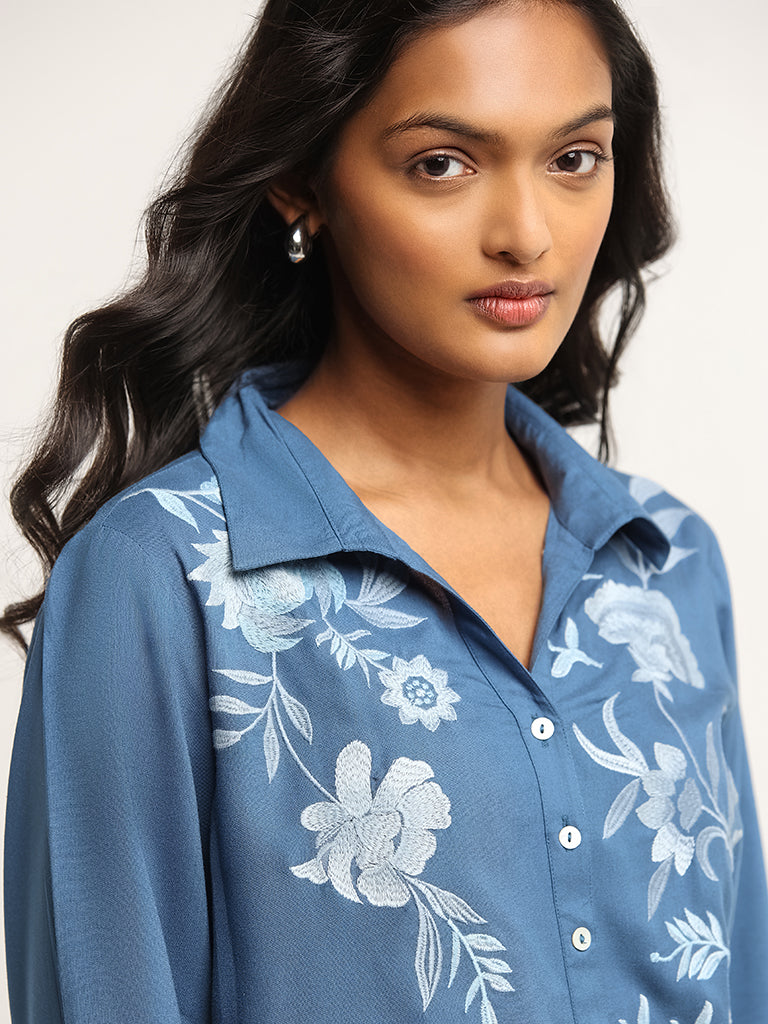 Utsa Blue Floral Embroidered Kurti