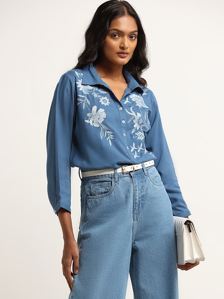 Utsa Blue Floral Embroidered Kurti