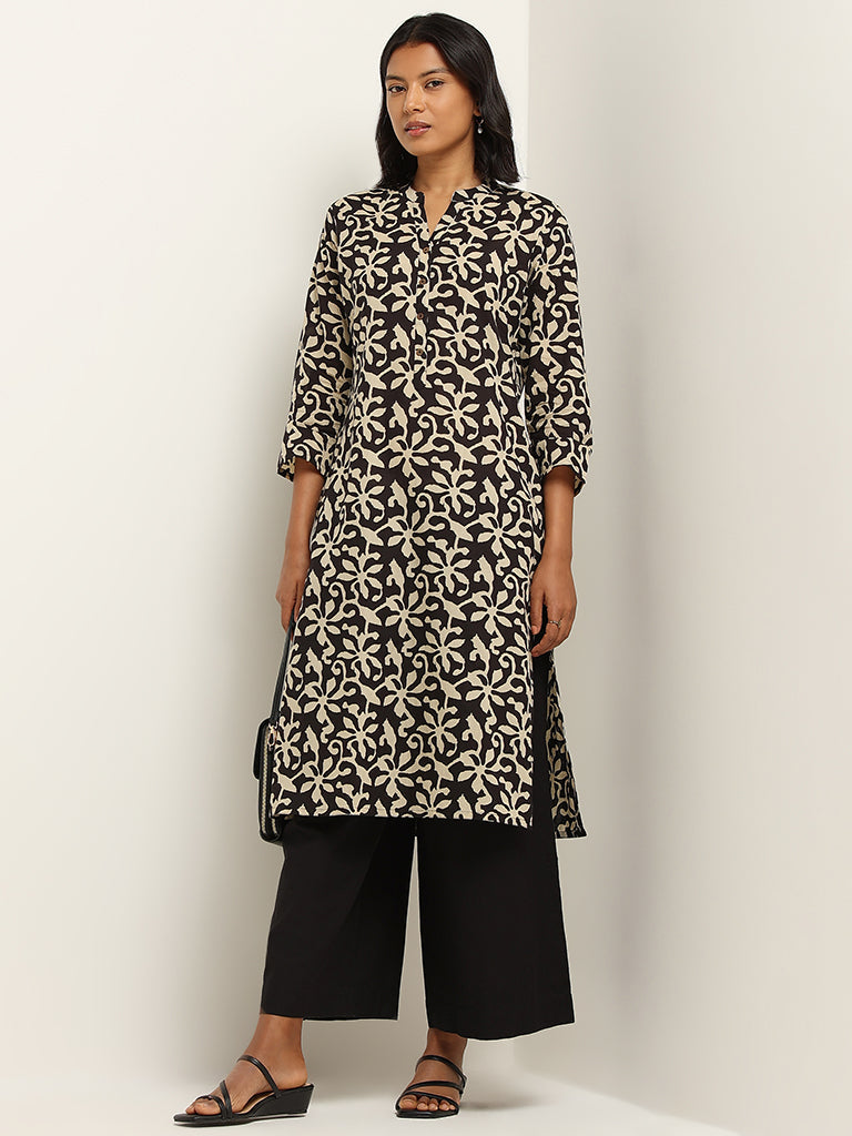 Utsa Black Straight Fit Printed Cotton Kurta