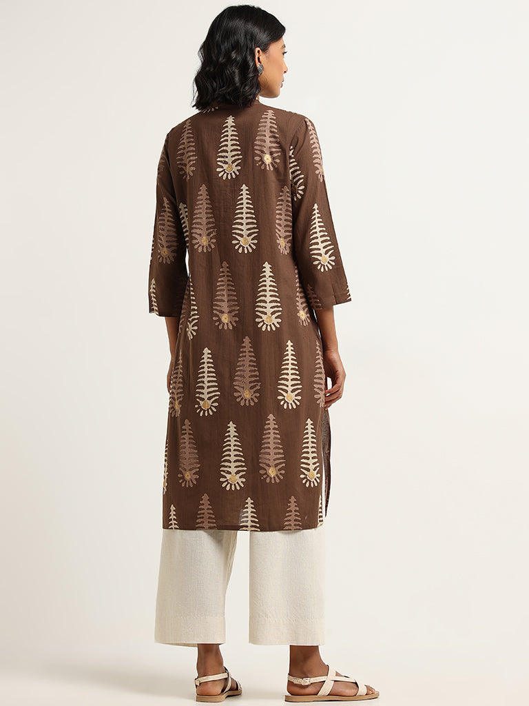 Utsa Brown Straight Fit Printed Cotton Kurta