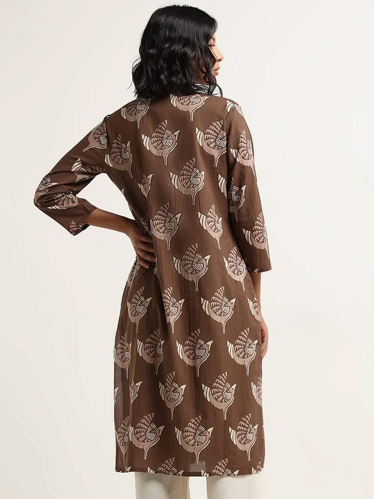 Utsa Brown Straight Fit Printed Cotton Kurta