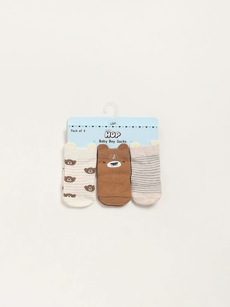 HOP Baby Brown Assorted Bear-Themed Socks - Pack of 3