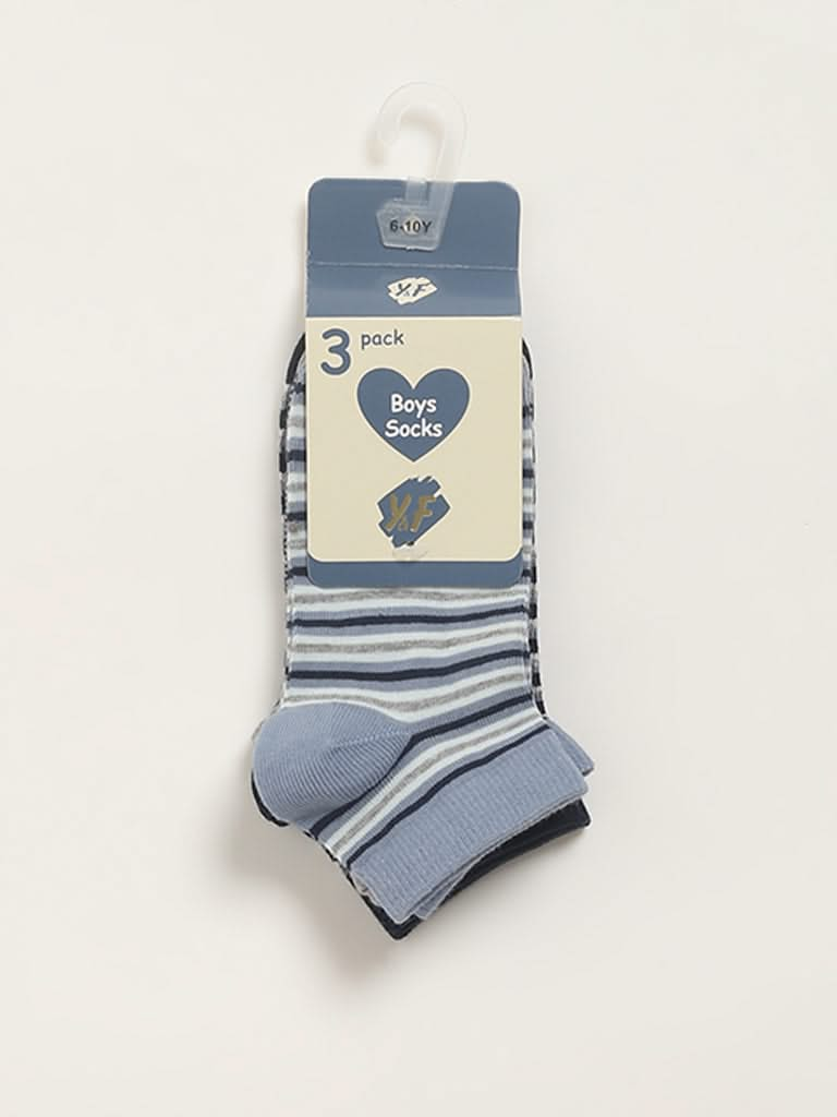 Y&F Kids Blue Striped Socks - Pack of 3