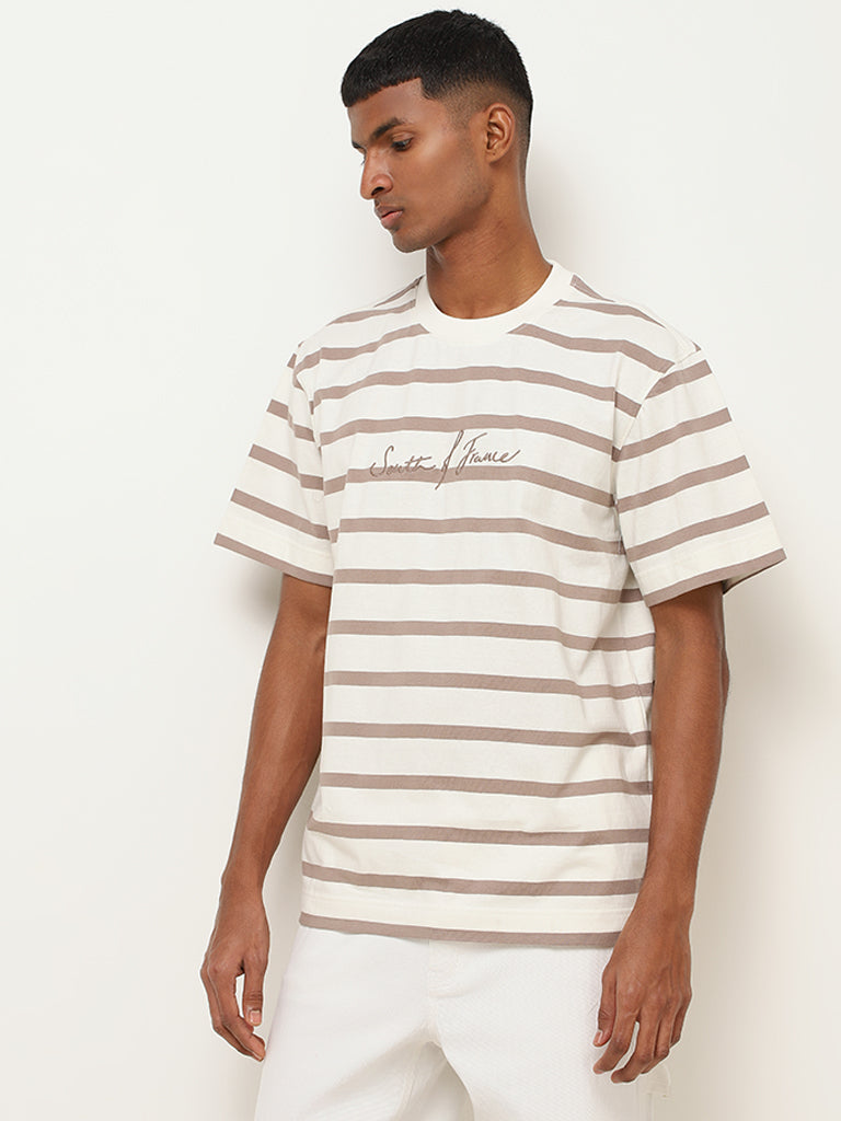 Nuon White Striped Cotton Relaxed Fit T-Shirt