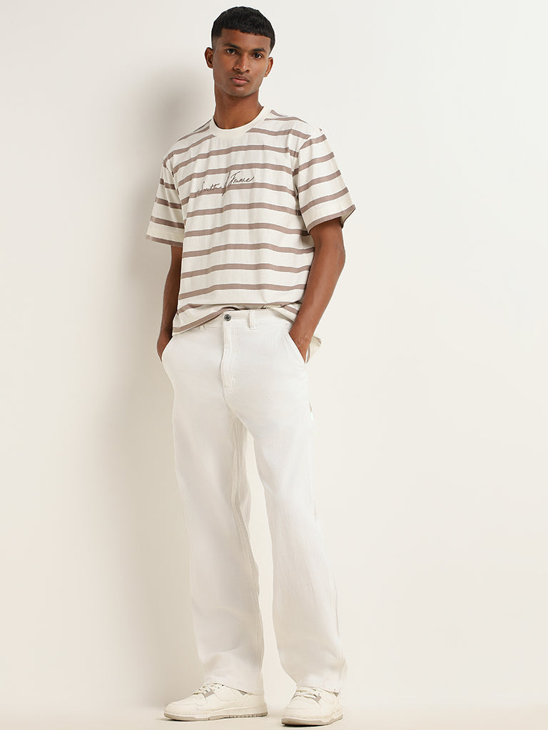 Nuon White Striped Cotton Relaxed Fit T-Shirt