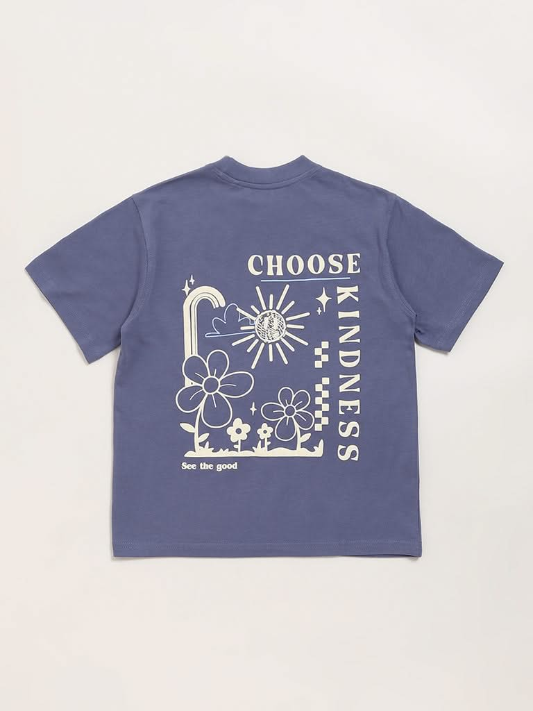 Y&F Kids Blue Typographic Printed T-Shirt