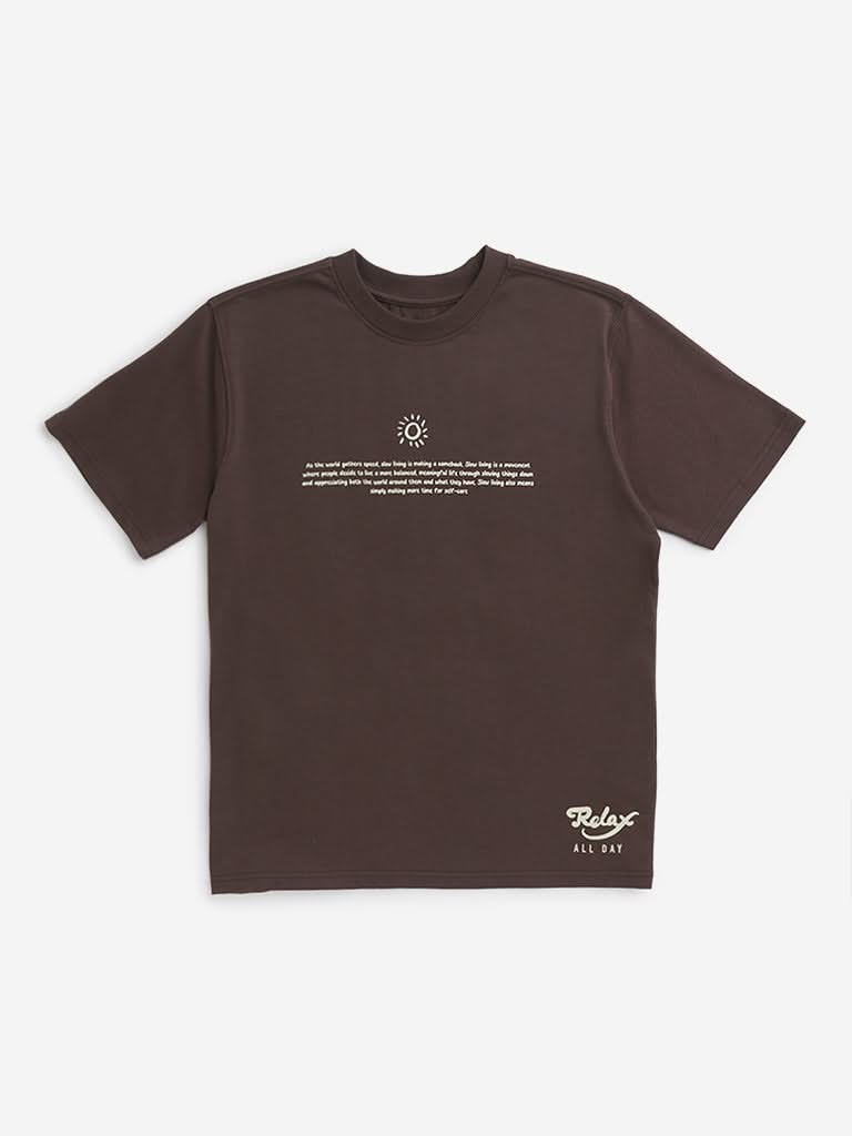 Y&F Kids Dark Brown Text Design T-Shirt