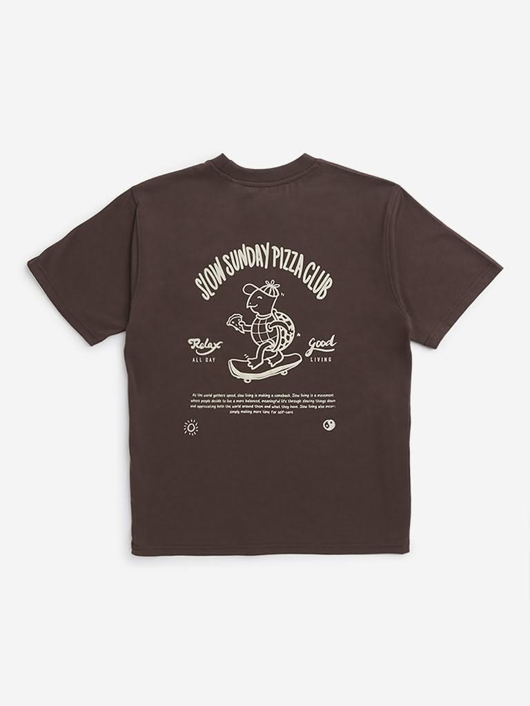 Y&F Kids Dark Brown Text Design T-Shirt