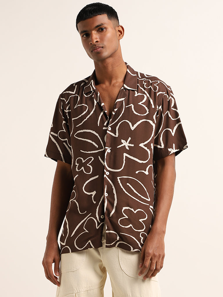 Nuon Brown Printed Cotton Relaxed-Fit Shirt