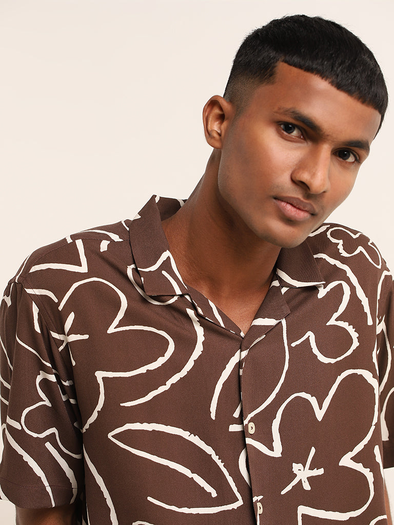 Nuon Brown Printed Cotton Relaxed-Fit Shirt