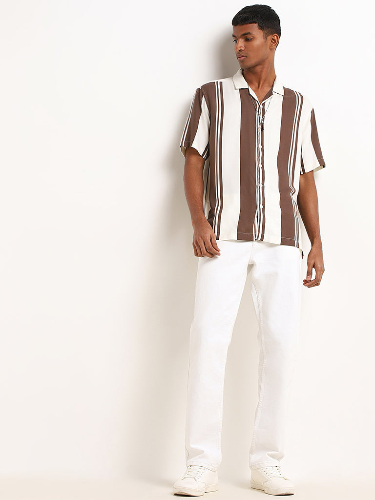 Nuon Brown Striped Relaxed-Fit Shirt