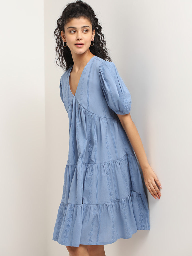 Bombay Paisley Blue Embroidered Cotton Tiered Dress