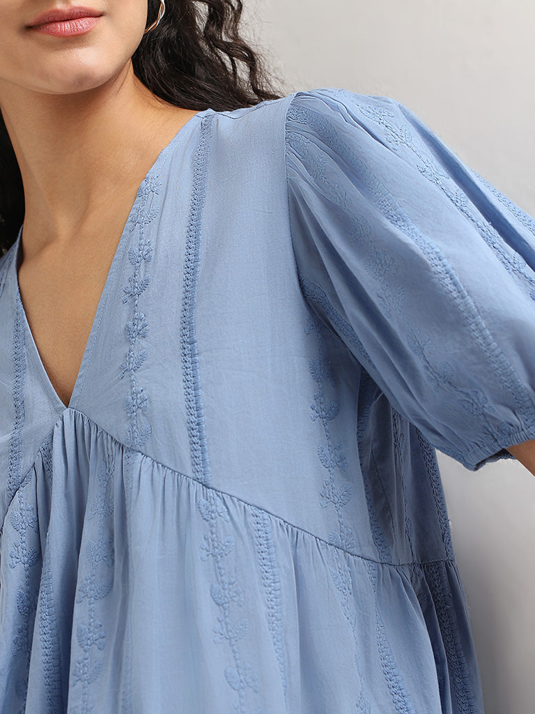 Bombay Paisley Blue Embroidered Cotton Tiered Dress