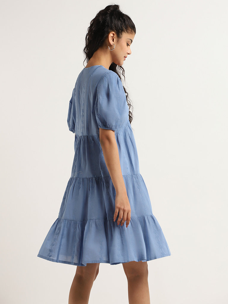 Bombay Paisley Blue Embroidered Cotton Tiered Dress