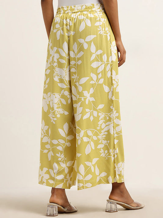 Utsa Lime Leaf Printed Mid Rise Palazzos