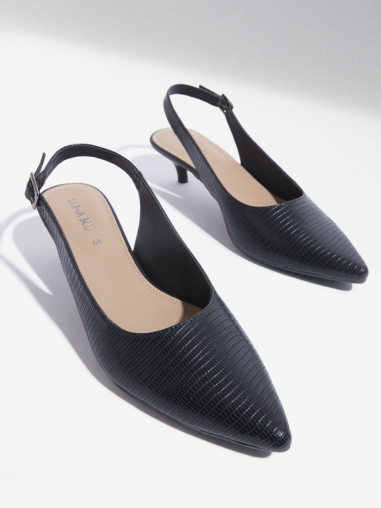 LUNA BLU Black Textured Slingback Kitten Heel Mules