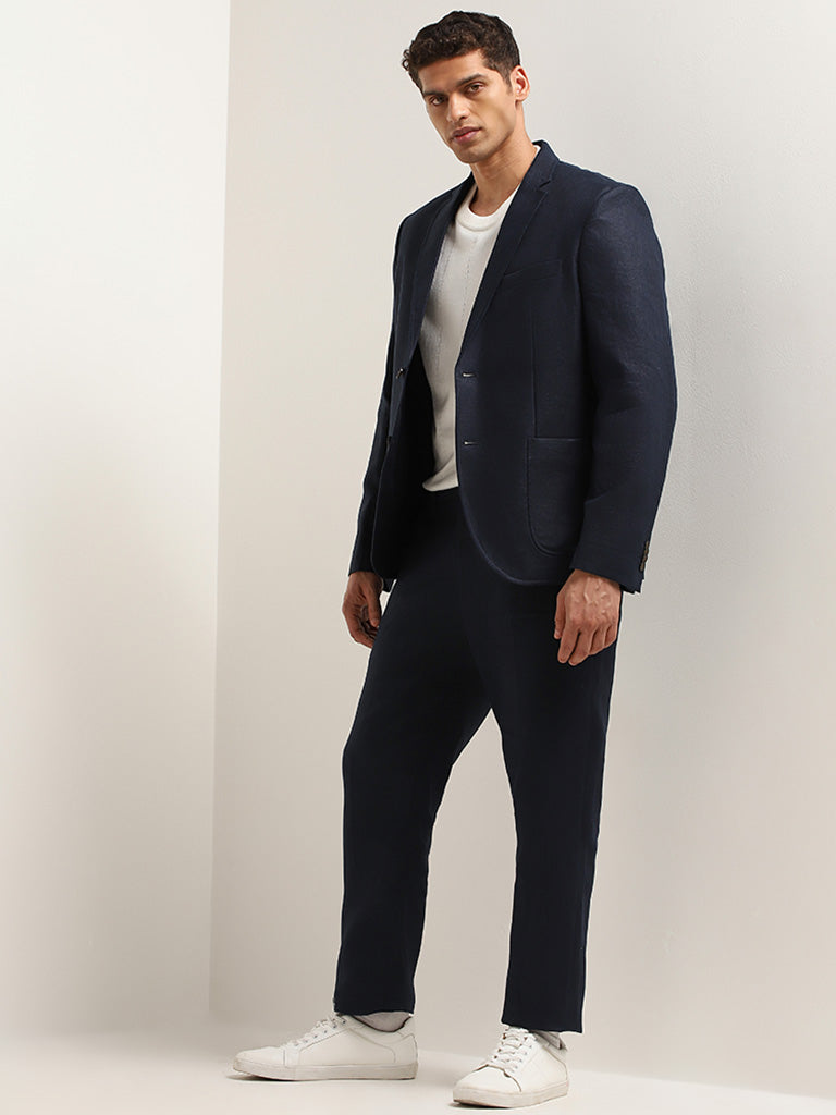 Ascot Solid Navy Relaxed Fit Linen Blazer