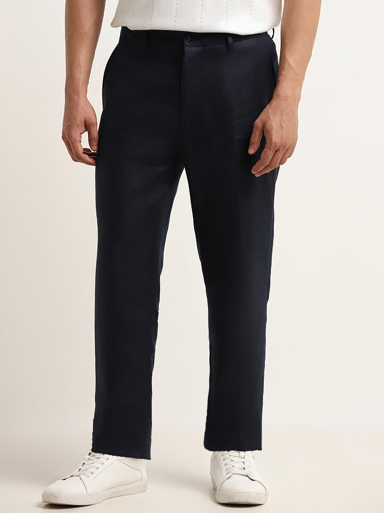 Ascot Solid Navy Mid Rise Relaxed Fit Linen Chinos