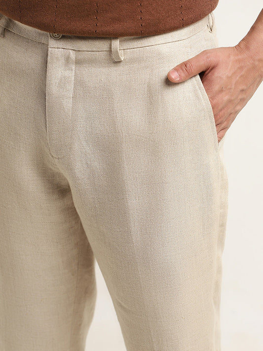 Ascot Solid Beige Mid Rise Relaxed Fit Linen Chinos