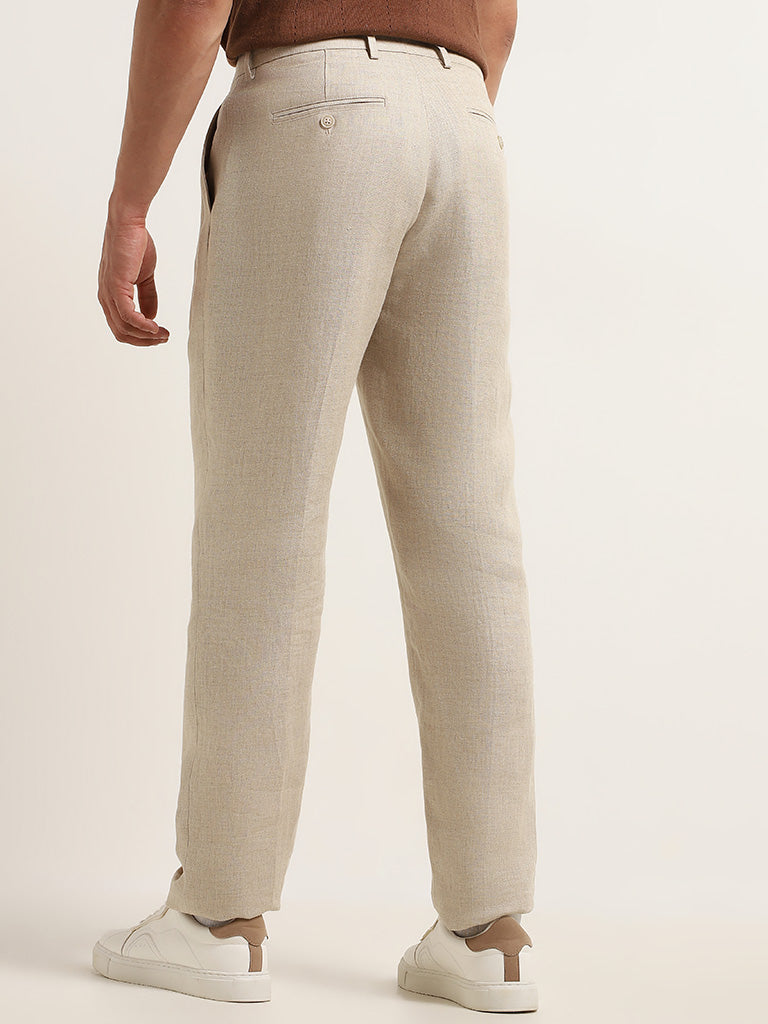 Ascot Solid Beige Mid Rise Relaxed Fit Linen Chinos