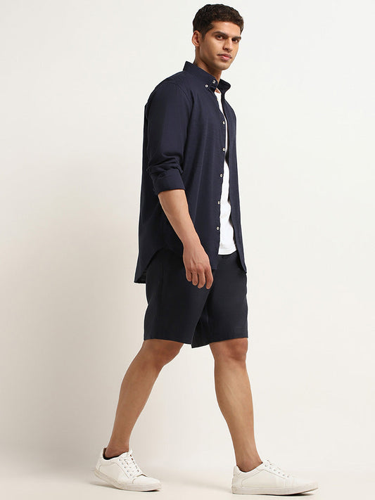 Ascot Solid Navy Mid Rise Relaxed Fit Linen Shorts