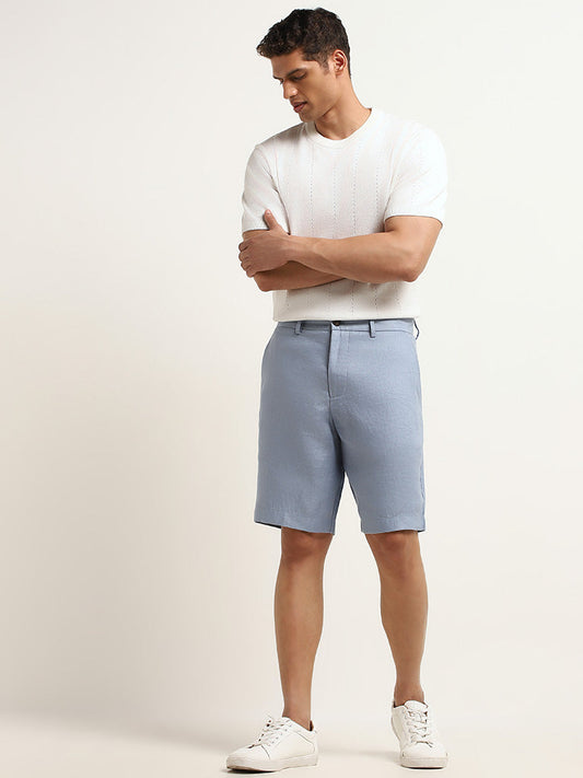 Ascot Solid Blue Mid Rise Relaxed Fit Linen Shorts