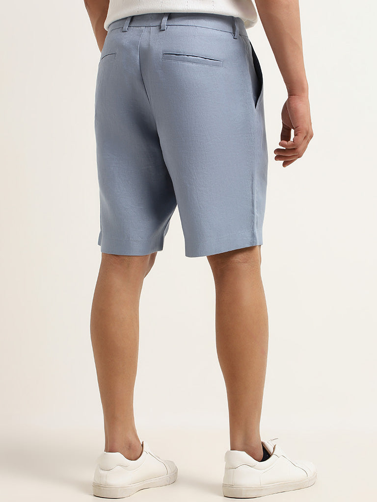 Ascot Solid Blue Mid Rise Relaxed Fit Linen Shorts