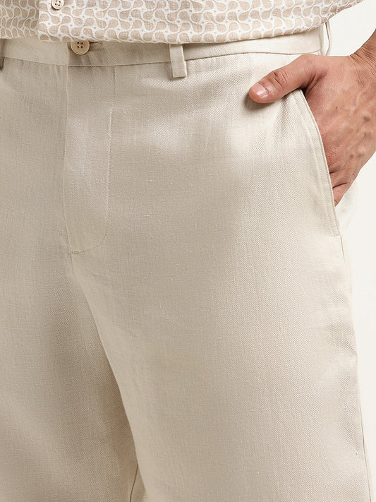 Ascot Solid Cream Mid Rise Relaxed Fit Linen Shorts