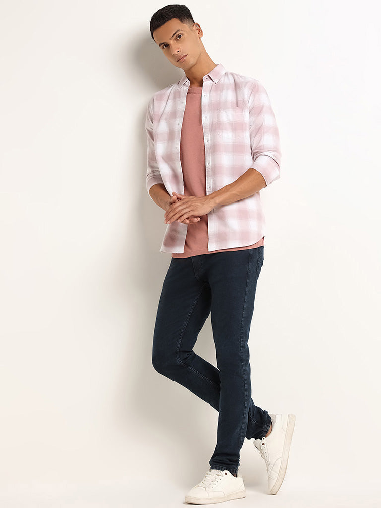 WES Casuals Pink Check Printed Cotton Slim Fit Shirt