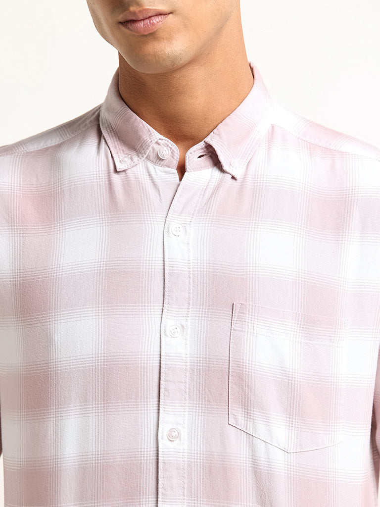 WES Casuals Pink Check Printed Cotton Slim Fit Shirt