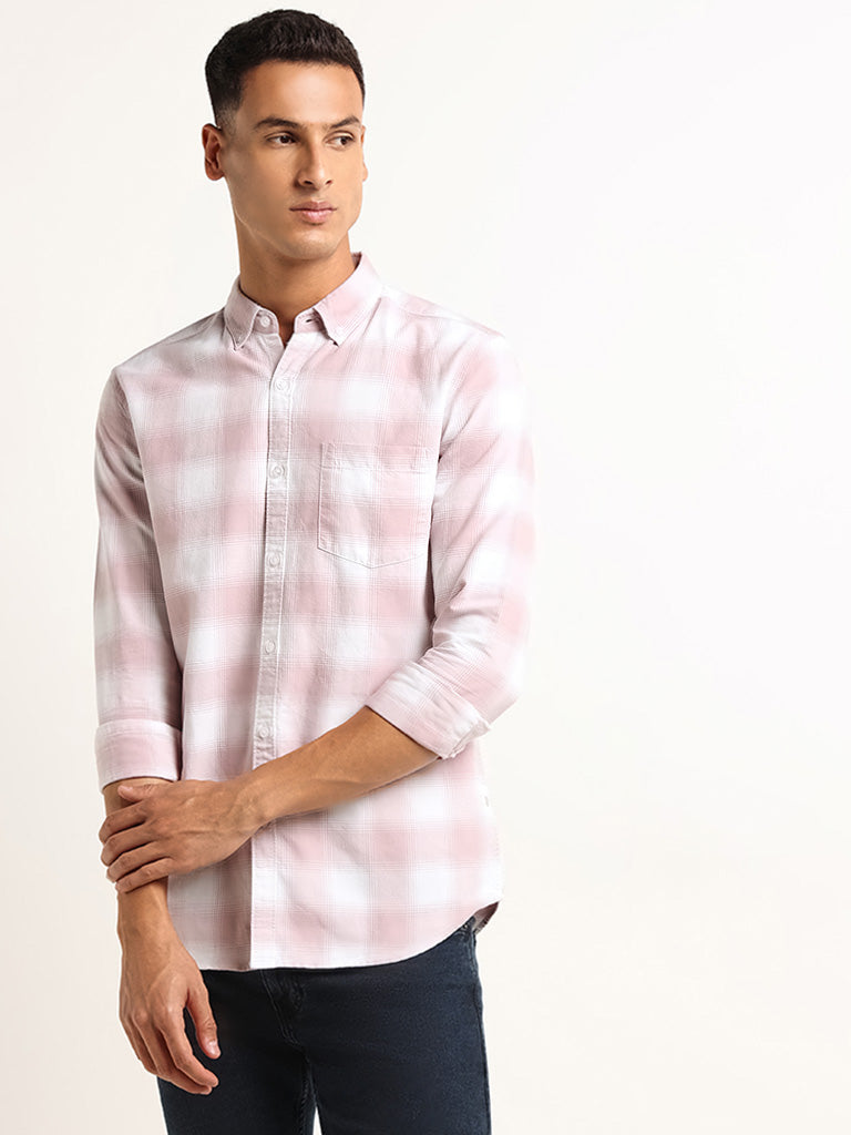 WES Casuals Pink Check Printed Cotton Slim Fit Shirt