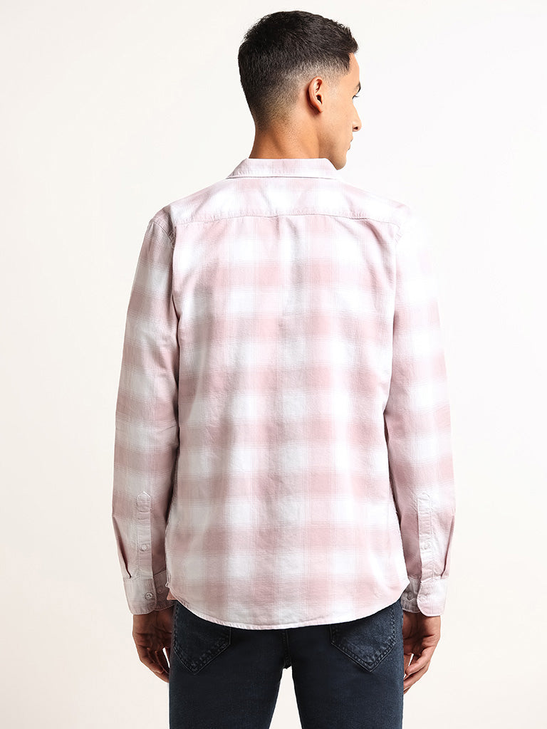 WES Casuals Pink Check Printed Cotton Slim Fit Shirt