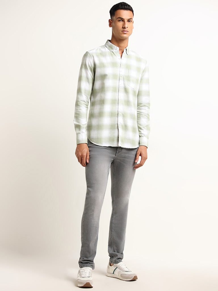 WES Casuals Green Check Printed Cotton Slim Fit Shirt