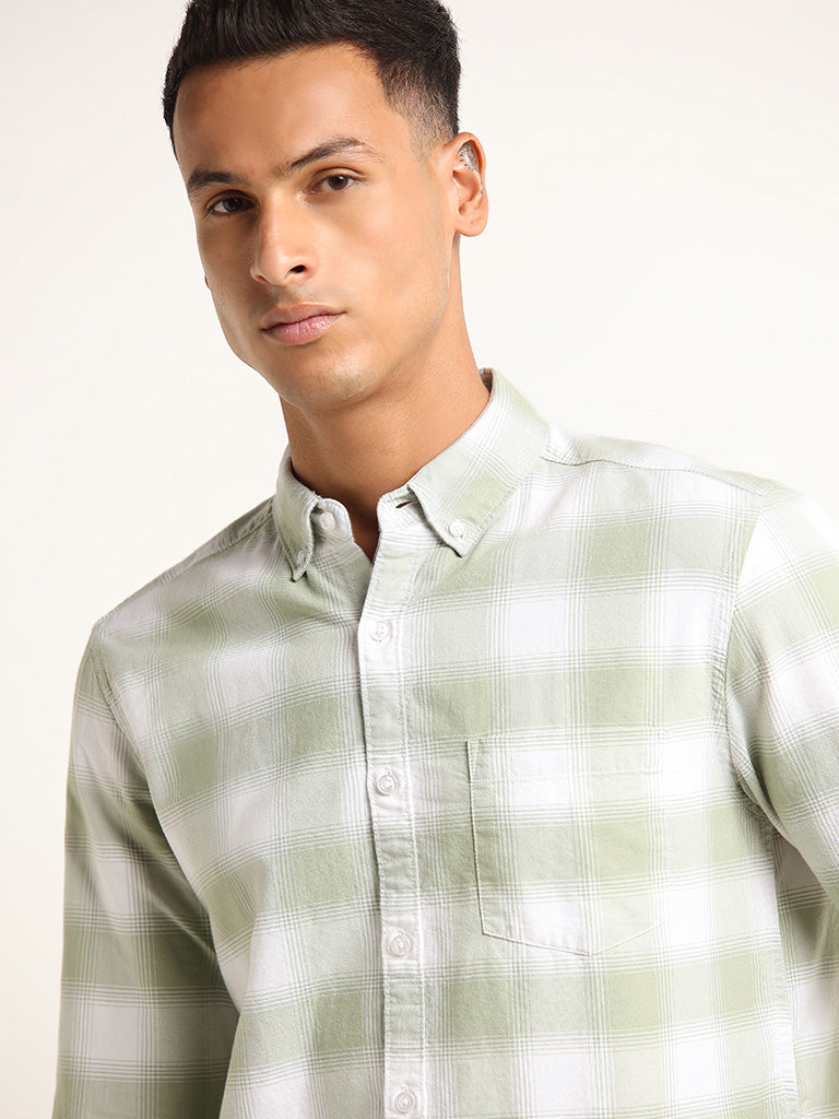 WES Casuals Green Check Printed Cotton Slim Fit Shirt