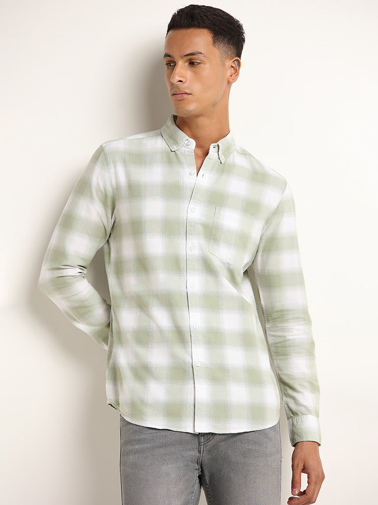 WES Casuals Green Check Printed Cotton Slim Fit Shirt