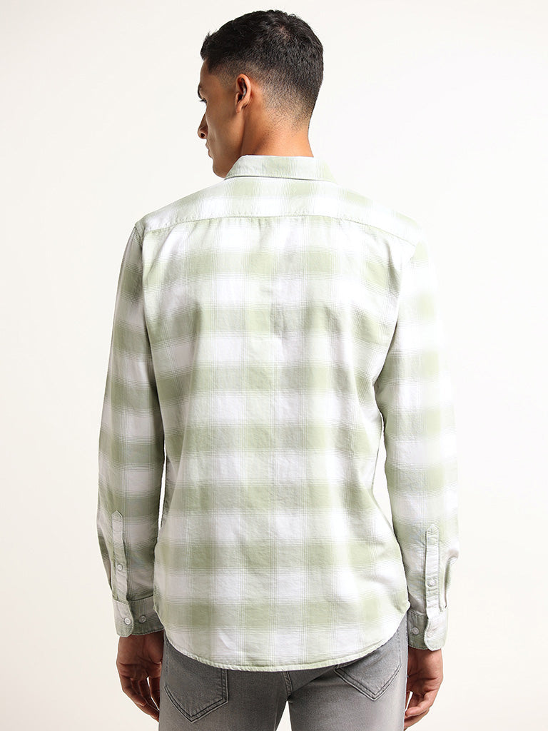 WES Casuals Green Check Printed Cotton Slim Fit Shirt