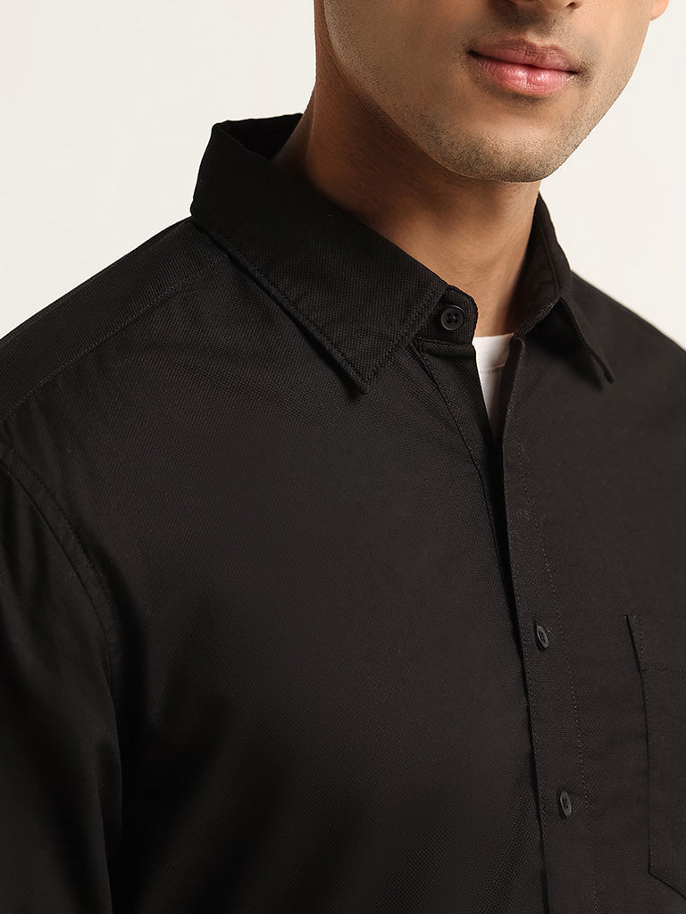 WES Casuals Black Solid Cotton Relaxed Fit Shirt