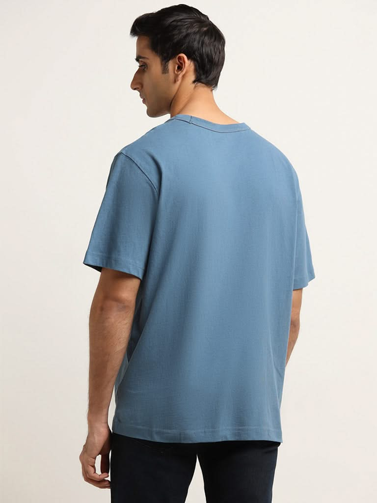 WES Casuals Blue Cotton Relaxed Fit T-Shirt