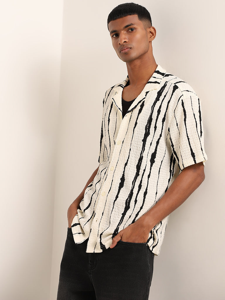 Nuon Off-White Striped Self-Textured Cotton Relaxed Fit Shirt