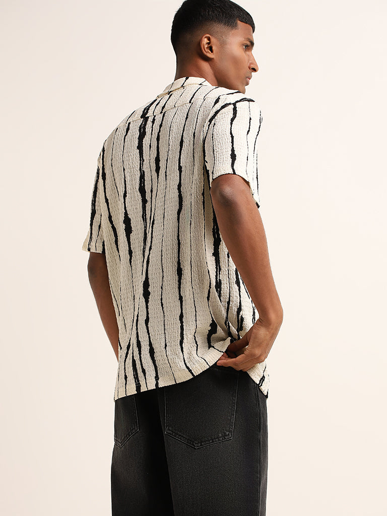 Nuon Off-White Striped Self-Textured Cotton Relaxed Fit Shirt