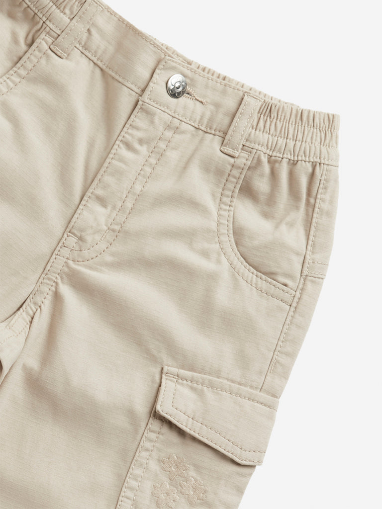 HOP Kids Beige Solid Mid-Rise Joggers