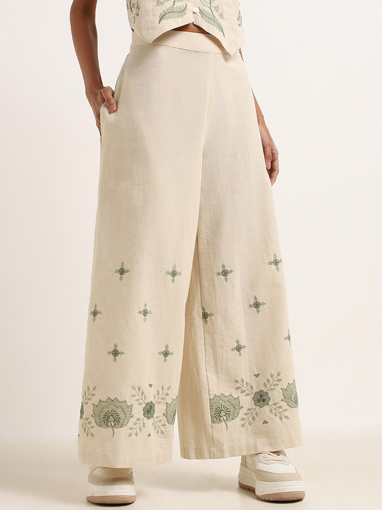 Bombay Paisley Off-White Wide-Leg Embroidered Cotton Pants