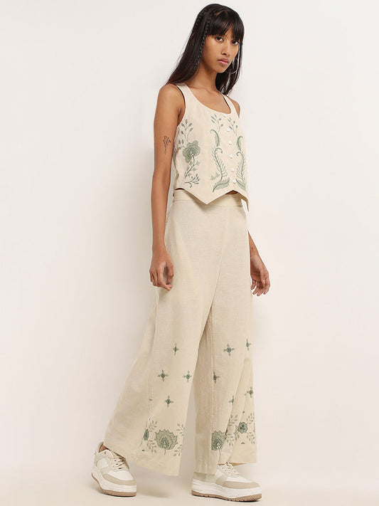 Bombay Paisley Off-White Wide-Leg Embroidered Cotton Pants