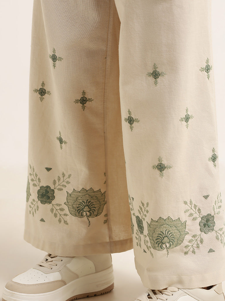 Bombay Paisley Off-White Wide-Leg Embroidered Cotton Pants