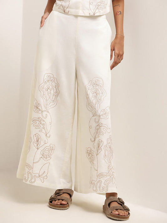 Bombay Paisley Off-White Wide-Leg Embroidered Cotton Pants