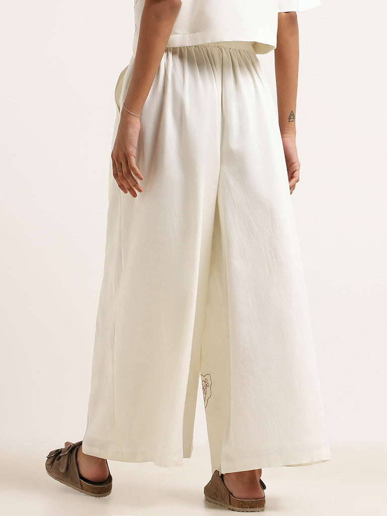 Bombay Paisley Off-White Wide-Leg Embroidered Cotton Pants