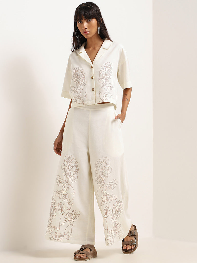 Bombay Paisley Off-White Wide-Leg Embroidered Cotton Pants