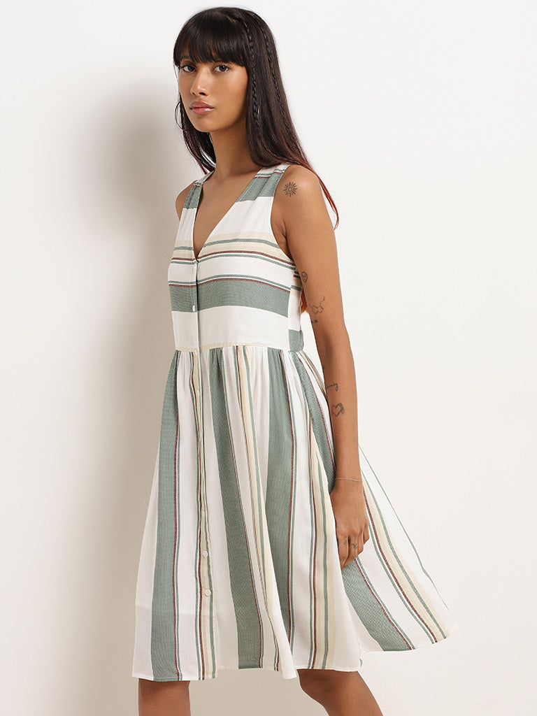 Bombay Paisley White Striped Printed Cotton Dress