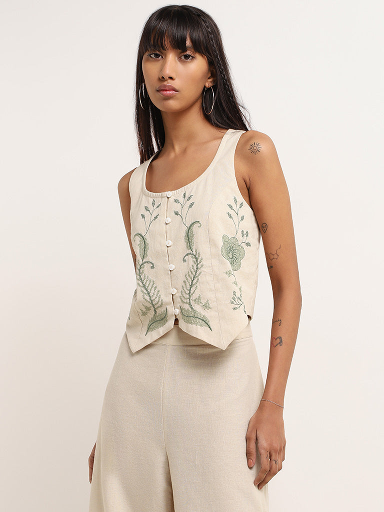 Bombay Paisley Off-White Embroidered Cotton Crop Top