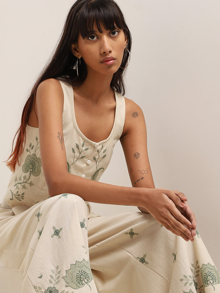 Bombay Paisley Off-White Embroidered Cotton Crop Top